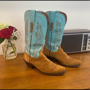 Lucchese 1883 tan suede and turquoise leather